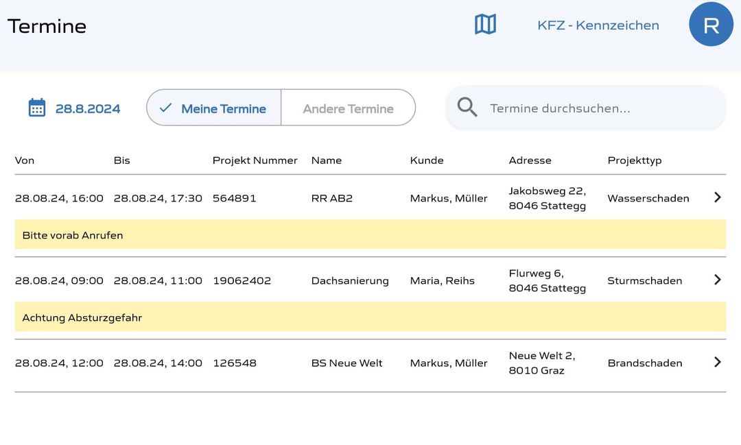 Auftragsübersicht mit Statusanzeigen in AKIS
